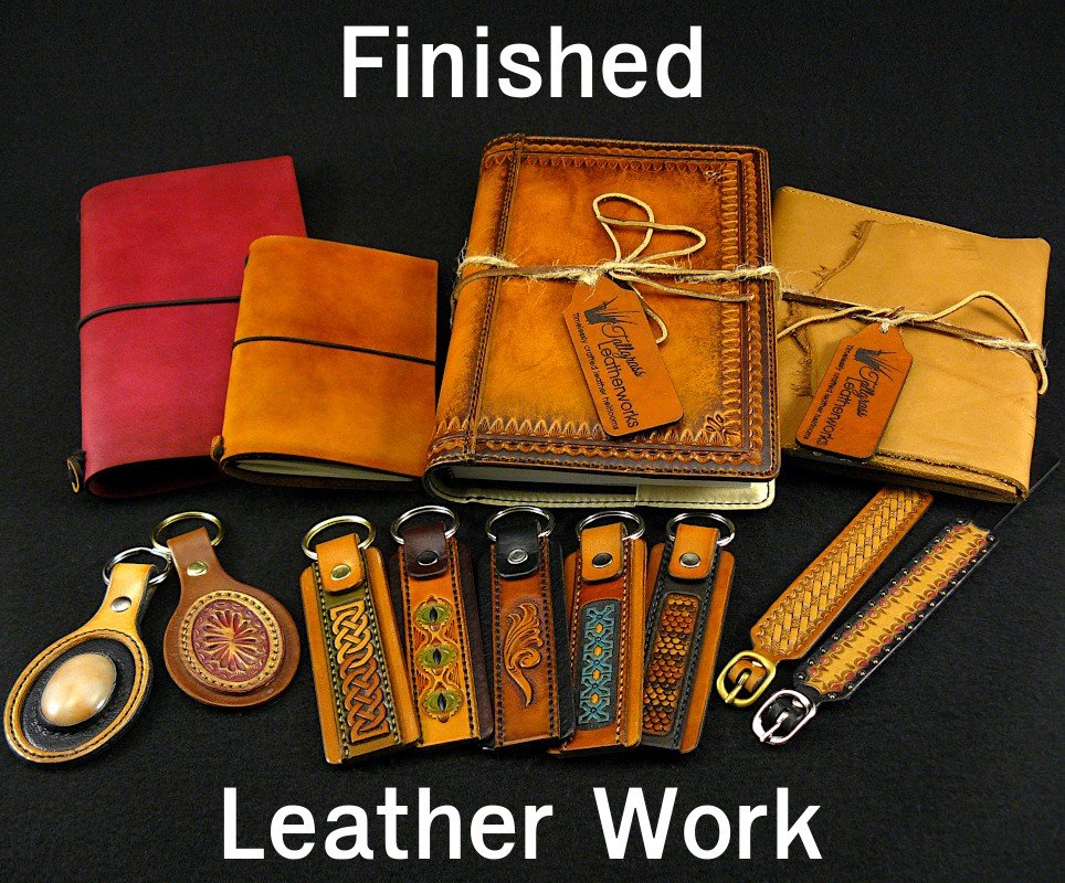 Group shot of samples of work done at Tallgrass Leatherworks.
